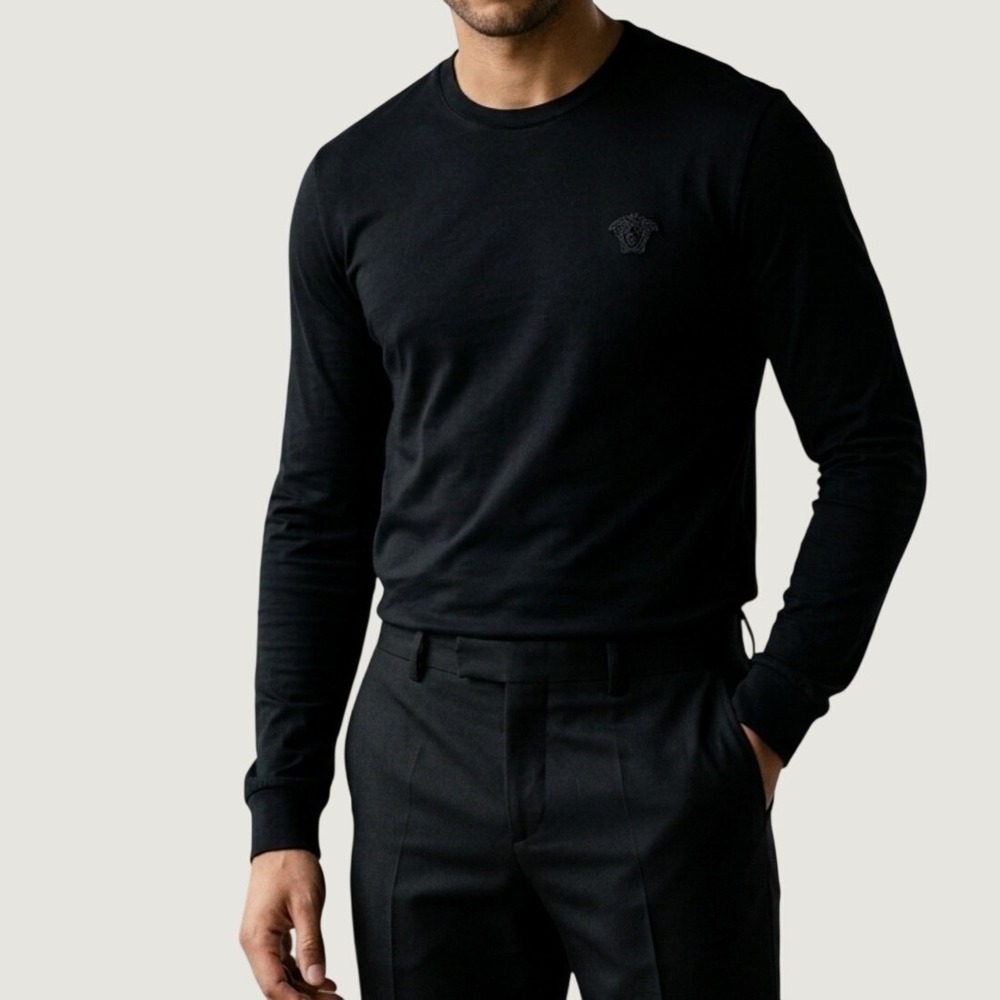 Versace Collection T-Shirt Long Sleeve Black Embroidered Medusa Logo XL